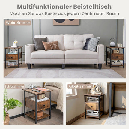 Bedside table with charging station & drawer Nightstand with open shelves 40 x 40 x 55 cm Rustic brown