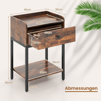 Bedside table with drawer Side table with open shelf 42 x 30 x 60 cm Rustic brown