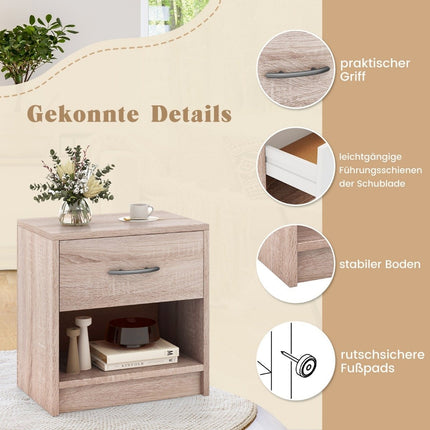 Bedside table with drawer Small side table with open compartment 38.5 x 28 x 40.5 cm natural