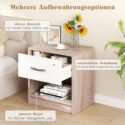 Bedside table with drawer Small side table with open compartment 38.5 x 28 x 40.5 cm natural + white