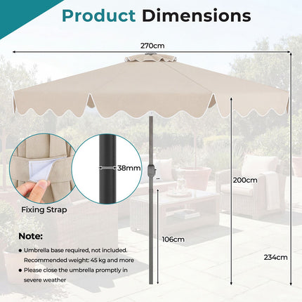 Beige 270cm Ruffled Parasol with Hand Crank & Tilt
