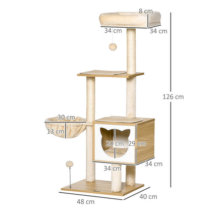 Beige cat tree with cave and sisal poles, 126 Cm