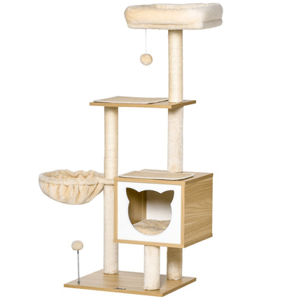 Beige cat tree with cave and sisal poles, 126 Cm