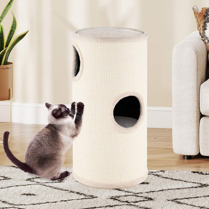 Beige Multi-Level Cat House with Sisal Scratching Pad