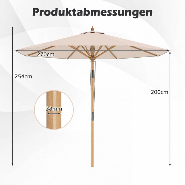 Beige Patio Umbrella, 270 cm, Bamboo Frame, Adjustable Tilt