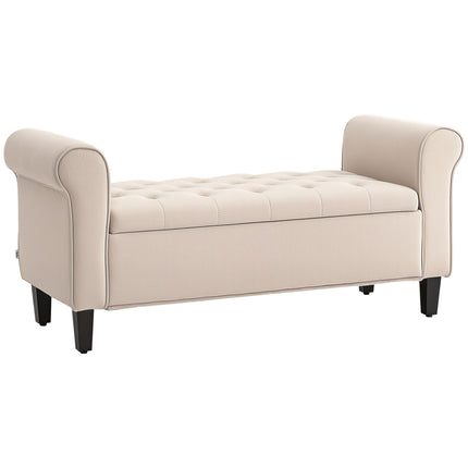 Beige Velvet Storage Bench with Button Tufting and Armrests