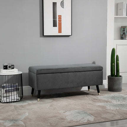 Upholstered storage bench, metal frame, charcoal grey