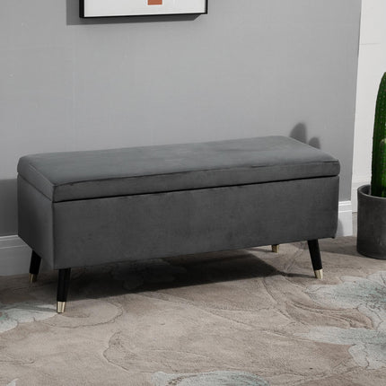 Upholstered storage bench, metal frame, charcoal grey