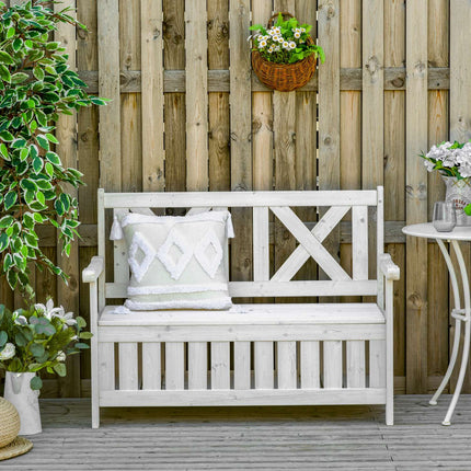 Garden storage bench, 2-seater with cushion, white 115 cm