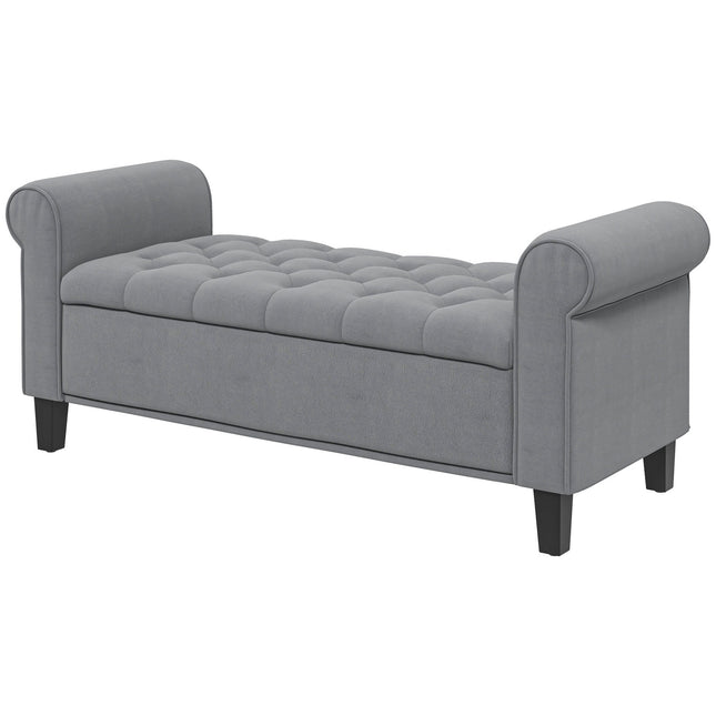 Gray upholstered bench with storage, velvet look, 120 kg capacity