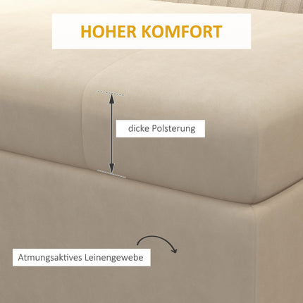 Beige upholstered storage bench with steel legs, 110cm