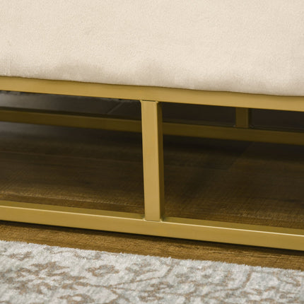 Beige upholstered storage bench with steel legs, 110cm