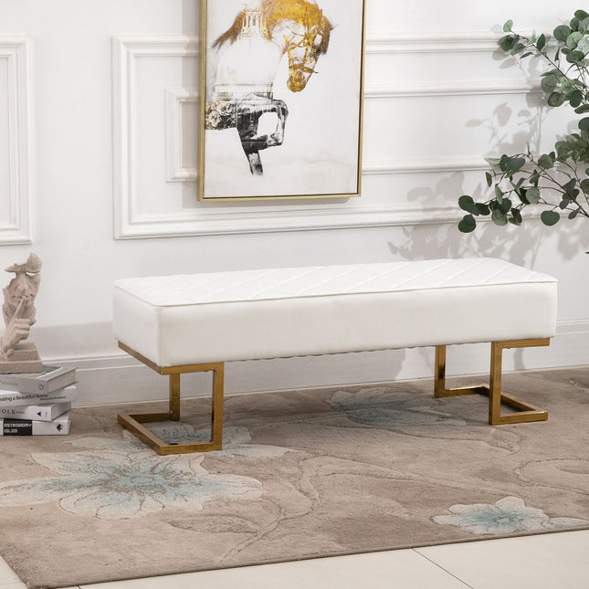 White & Gold Faux Leather Bench - 120x43x42 cm