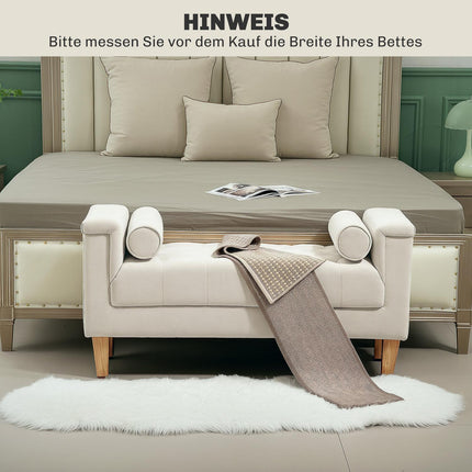 Chenille upholstered bench with armrests and cushions, beige