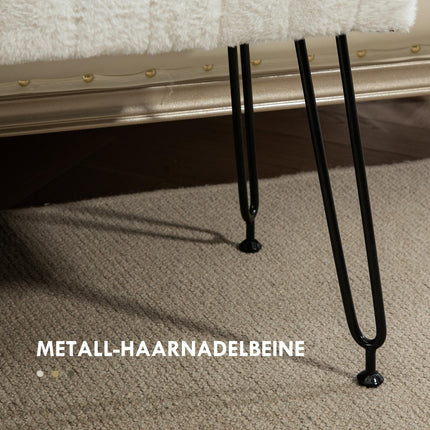 Upholstered cream bench with metal legs, faux fur look