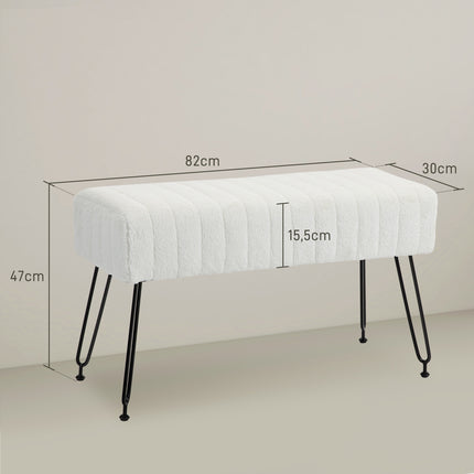Upholstered cream bench with metal legs, faux fur look
