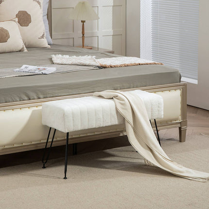 Upholstered cream bench with metal legs, faux fur look