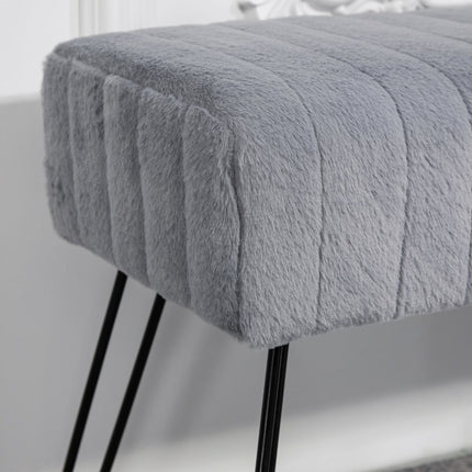 Gray faux fur upholstered bench with metal legs - 82 x 30 x 47 cm
