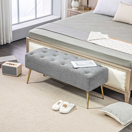 Upholstered Gray bench with tufted buttons, 112x41x46 cm