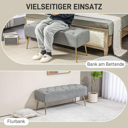 Upholstered Gray bench with tufted buttons, 112x41x46 cm