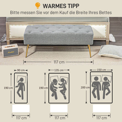 Upholstered Gray bench with tufted buttons, 112x41x46 cm