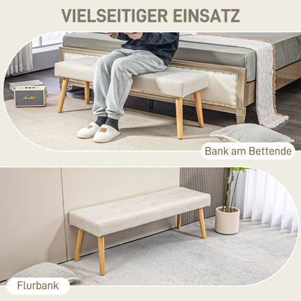 Cream-covered bench with wooden legs, 120 x 41 x 43 cm