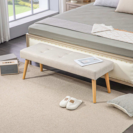 Cream-covered bench with wooden legs, 120 x 41 x 43 cm
