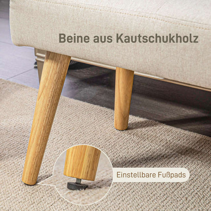 Cream-covered bench with wooden legs, 120 x 41 x 43 cm