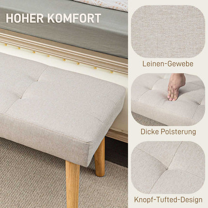 Cream-covered bench with wooden legs, 120 x 41 x 43 cm