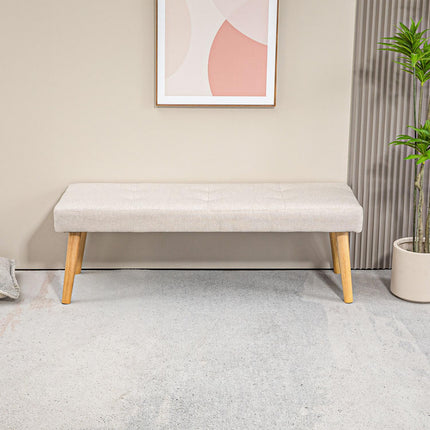 Cream-covered bench with wooden legs, 120 x 41 x 43 cm