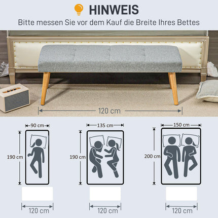 Gray upholstered bench with button seams, 120x41x43 cm