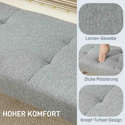 Gray upholstered bench with button seams, 120x41x43 cm