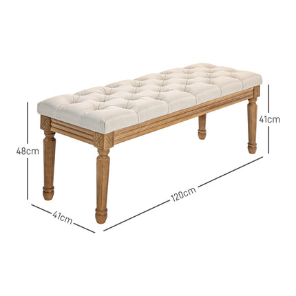 Upholstered bench with wooden legs, 120x41x48 cm, cream