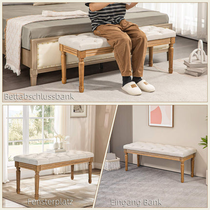 Upholstered bench with wooden legs, 120x41x48 cm, cream