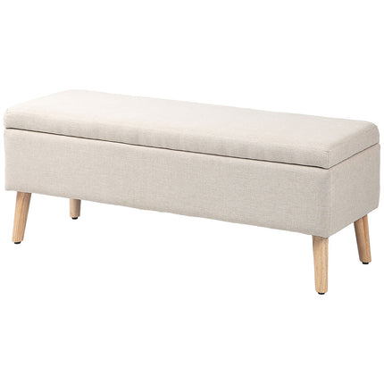 Beige upholstered storage bench - linen look, 110x39x45 cm
