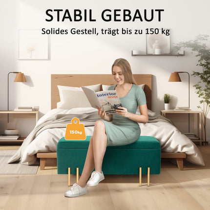 Upholstered storage bench, green fabric, 100 x 40 x 42 cm