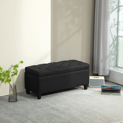 Black upholstered storage bench - 100x40x44 cm, linen-like polyester