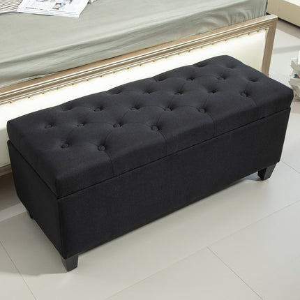 Black upholstered storage bench - 100x40x44 cm, linen-like polyester