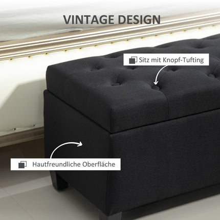 Black upholstered storage bench - 100x40x44 cm, linen-like polyester