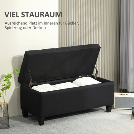 Black upholstered storage bench - 100x40x44 cm, linen-like polyester