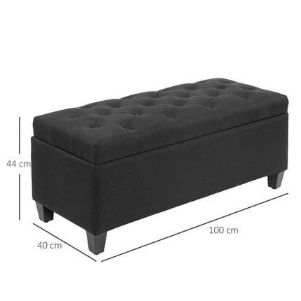 Black upholstered storage bench - 100x40x44 cm, linen-like polyester