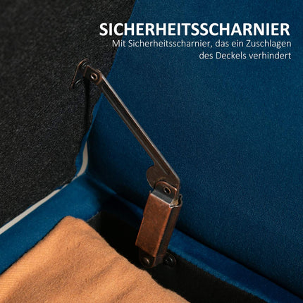 Velvet-covered storage bench with armrests, dark blue
