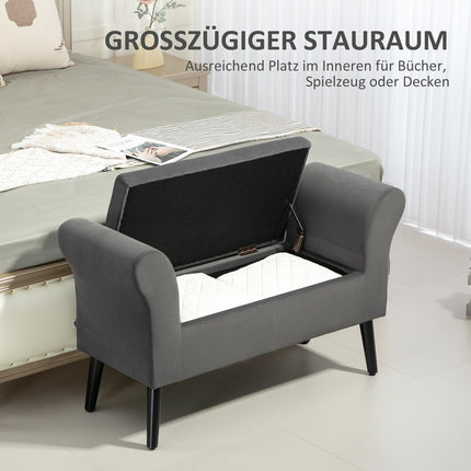 Upholstered dark gray bench with storage, armrests - 46 cm seat height