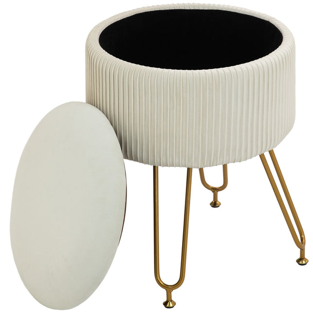 Bank met opbergruimte, 2-in-1 gestoffeerde bank met deksel, bedbank met fluwelen look, voor hal, slaapkamer, woonkamer, stalen frame, Ø40 x 48 cm crèmewit