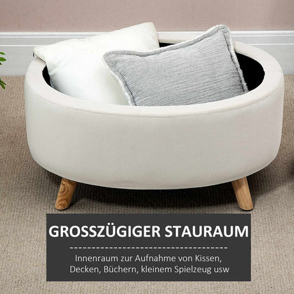 Oval upholstered storage bench - velvet look, beige, 71x51.5x42 cm