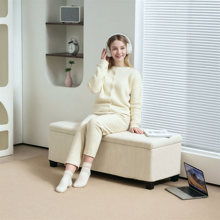 Beige upholstered storage bench, steel legs, 112 x 42 x 40 cm
