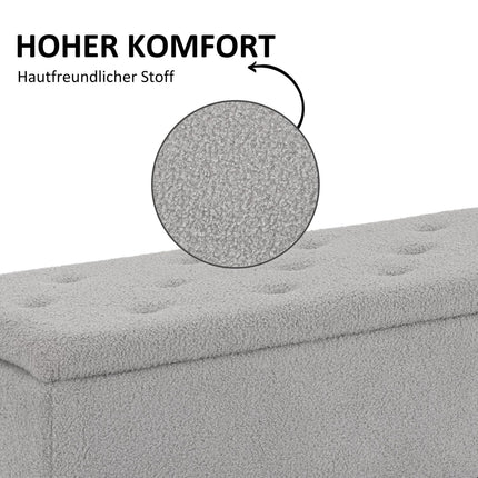 Gray upholstered storage bench with hinged lid, 95 x 38 x 45 cm