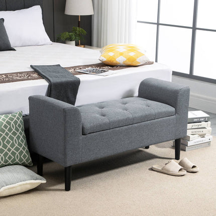 Light gray upholstered bench, linen look, wooden legs, 130 kg capacity