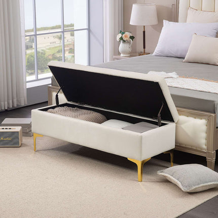 Upholstered velvet bench with metal legs, 120cm – Beige