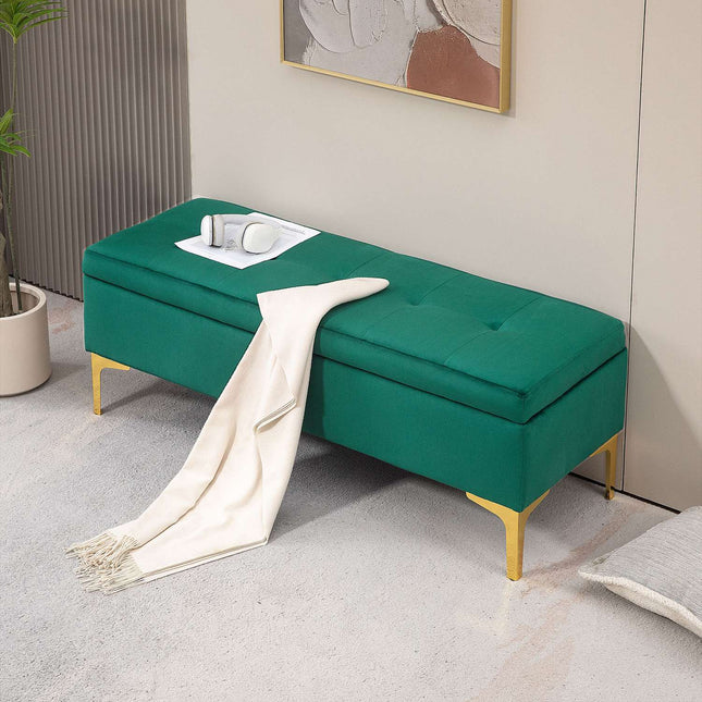 Velvet-covered bench, metal legs, 120x44x44.5 cm, green